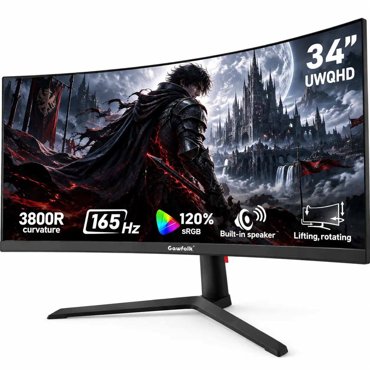34 Inch Ultrawide Curved Gaming Monitor,165Hz,  3800R 21:9 UWQHD 3440x1440, 3800R Adaptive Sync, Multi‑Directional Adjustable Base, HDMI2.1/DP1.4, PIP/PBP, Low Blue Light