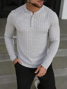 Men's Striped Henry Neck Long Sleeve T-Shirt, Slim Fit Knitted Casual Top, New Arrival 2026, Stylish and Comfortable
