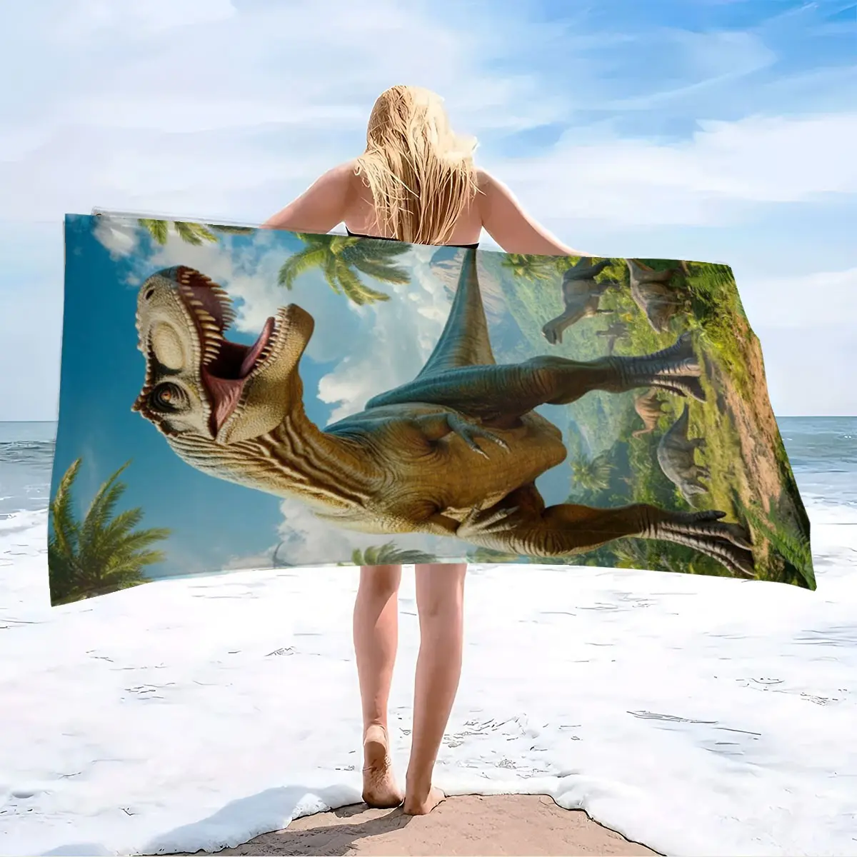 Prehistoric Dinosaur Print Beach Towel, Design Beach Towel, Super Absorbent Microfiber Mat, Reusable Bath Towel for Travel, Swimming Pool, Surfing, Yoga, Camping, Versatile Usage