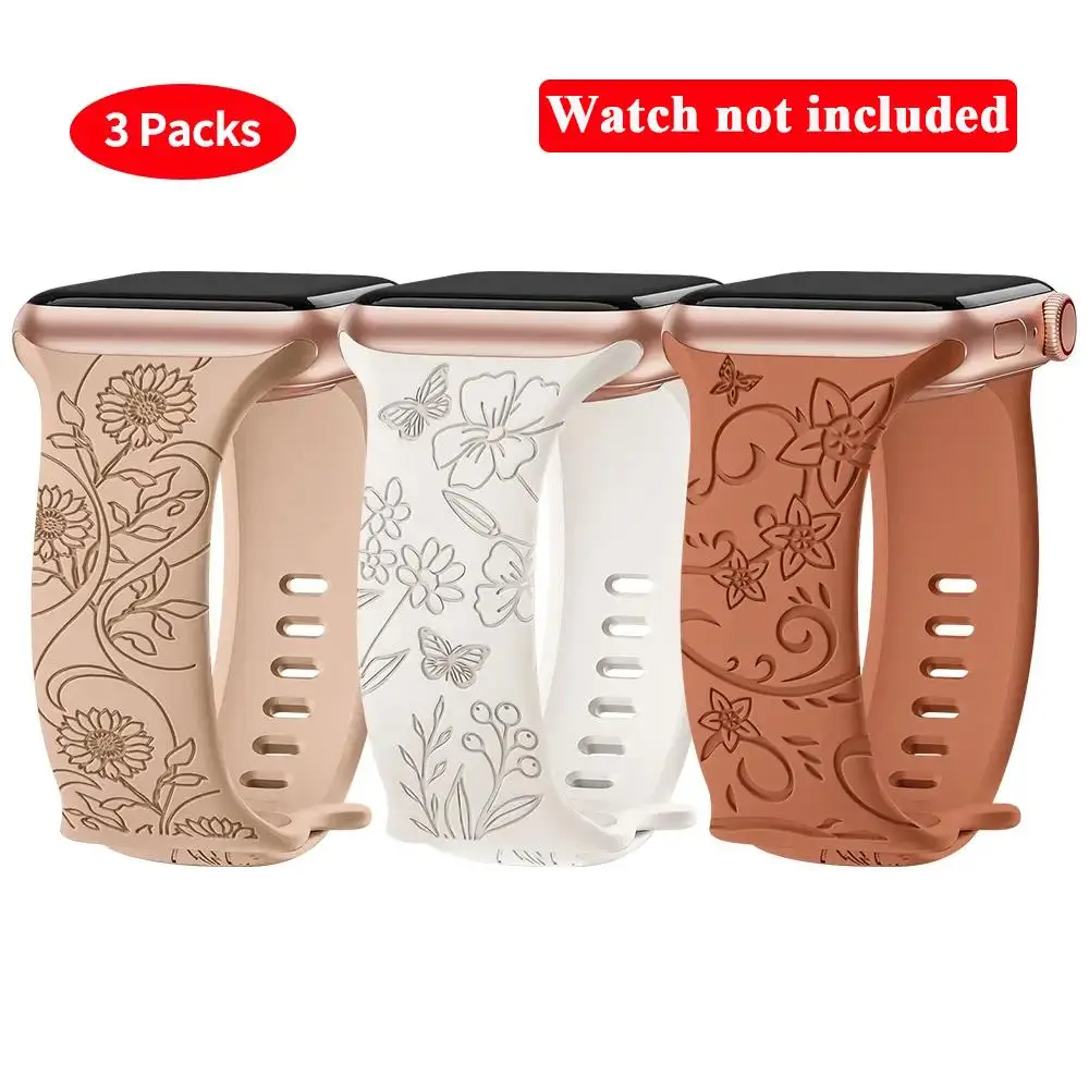 Flower Pattern Silicone Watch Band, 3 Counts Comfortable Breathable Silicone Wristband, Replacement Watch Band for Apple Watch