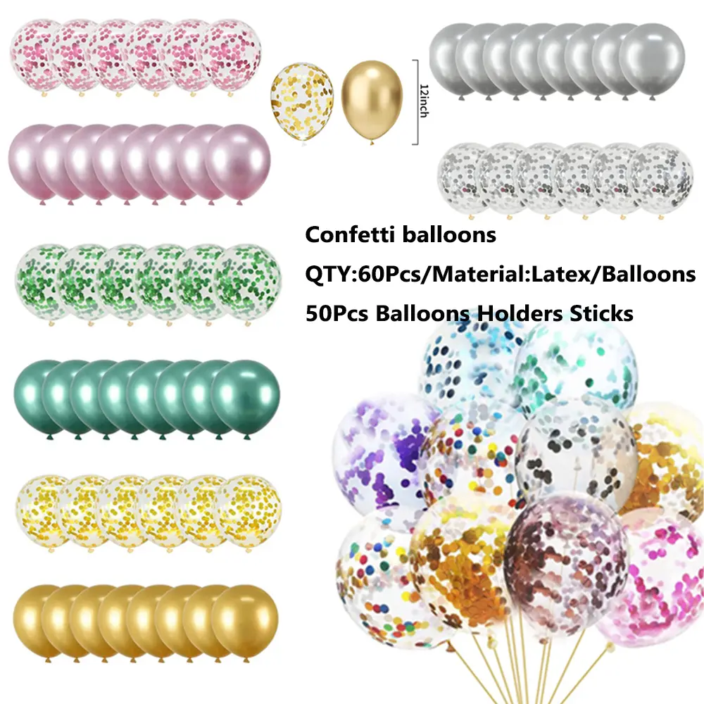 Plastic Confetti Latex Balloon Party Supplies Kit - 60 Pack 12-in Air-Fill Handheld Favors, 50 Confetti Balloon Accessories (Sticks & Cups) for Birthdays, Weddings sohochic, Decorations