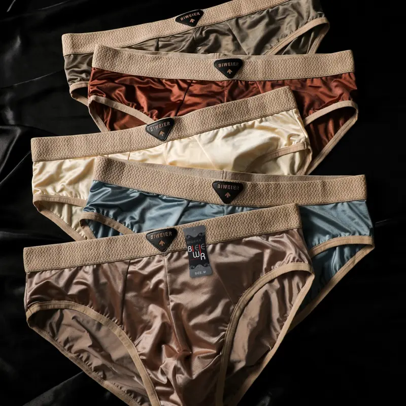 5 Pieces BIWEIER Satin Ice Silk Men's Briefs, Morandi Color Casual Breathable Underwear, Comfortable Coolness for Home and Vacation, Soft Stylish Brief, Casual Style Underwear