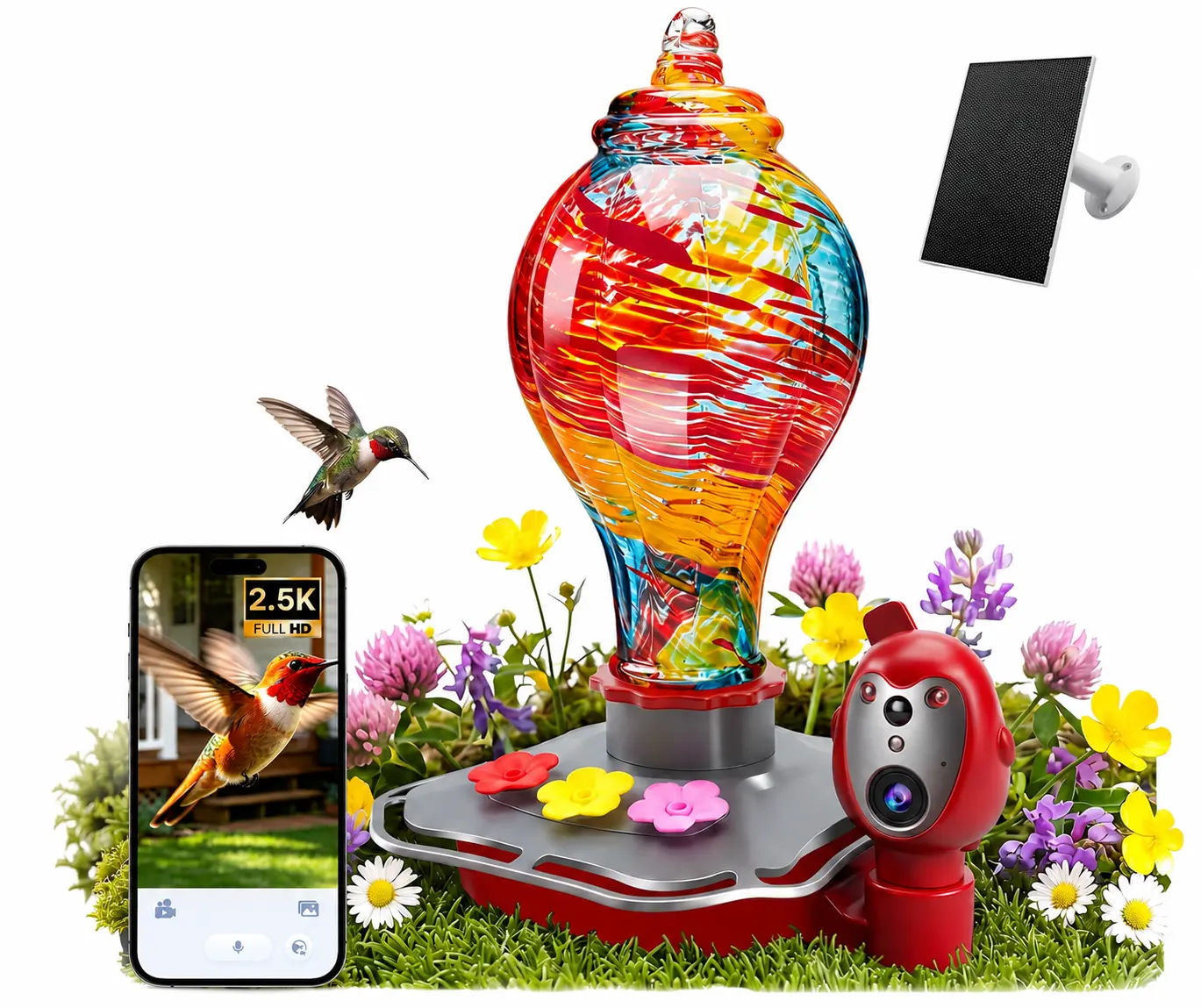 Smart Hummingbird Feeder with Camera - Hand-Blown Glass, 2.5K HD Live View, AI Recognition, Solar Powered, Smart Nectar & Water Monitor, 5200mAh Battery, Gift for Dad, Mom or Bird Lovers (26oz)
