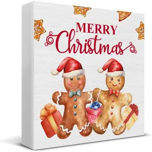 Merry Christmas Wood Sign Decor - Gingerbread Block Plaque Box for Home Kitchen Desk Shelf Table Decorations 5 X 5 Inch