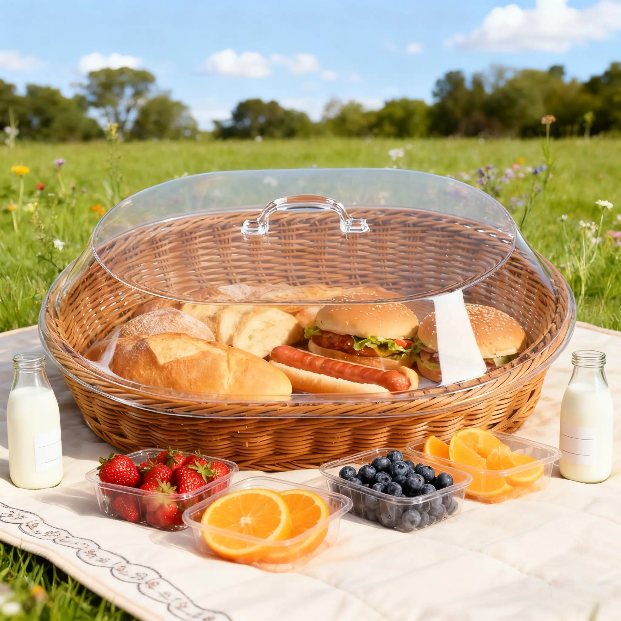 Classic Woven Rattan Bread Basket with Clear Transparent Acrylic Lid, Durable Washable Easy Cleaning Food Tray for Kitchen Picnic Home Display, Ideal Storage Solution for Desserts, Fruit Storage