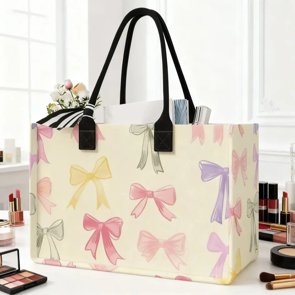 Large Capacity Bow Print Storage Bag, Tote Bag, Fashionable Bags, Patterned Bag, Durable Handle, Bags with Handles, Space Saving Multi-Purpose, Multifunctional Portable Bag, Ideal for School, Travel, Shopping, Travel Essentials