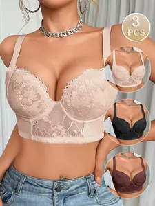 Three-Pack Push-Up Bras with Steel Ring, Full Coverage Anti-Drop Lining, Comfortable Everyday Sports Bra, Ditsy Floral Pattern