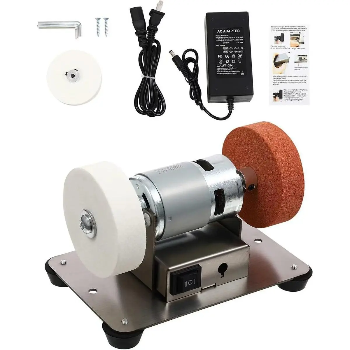 Mini Bench Grinder - 96W Electric Benchtop Power Tool with 2 Wheels, Forward-Reverse Switch, Variable Speed Control, Flexibility, Versatile Use for Metal, Woodworking Knife Making (6.3×3.9×3.9in), 2 Grinding Wheels