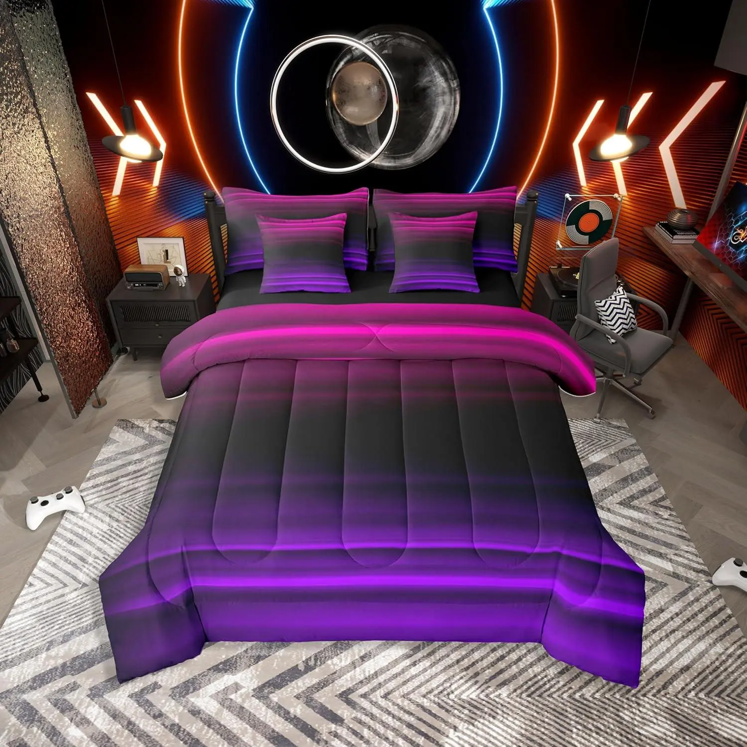 Ombre Purple 7 Piece Bedding Set Gradient Comforter Set with Sheets Abstract Aesthetic Art 3D Print Modern Bed in A Bag Pink Bed Sets