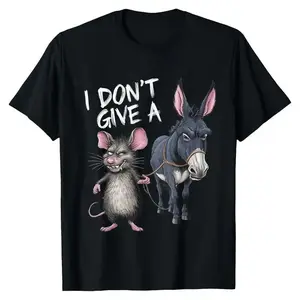 Interesting "I Don't Care" Mouse and Donkey Pattern T-shirt -180g Retro Cotton Loose Short Sleeve Round Neck Casual T-shirt, Machine Washable Humorous DesignRAIMENTRY