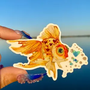 Goldie Love Locks Sticker - 3”x 2.61” Goldfish Design with Blue heart Bubble Accents