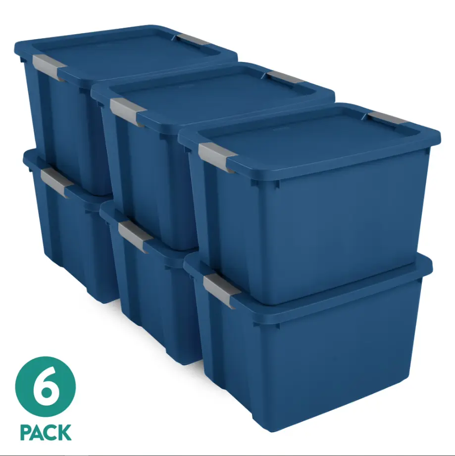 Sterilite Large Latching Storage Tote, 20 Gallon Plastic Storage Bin with Latch Lid, Blue, 6 Count