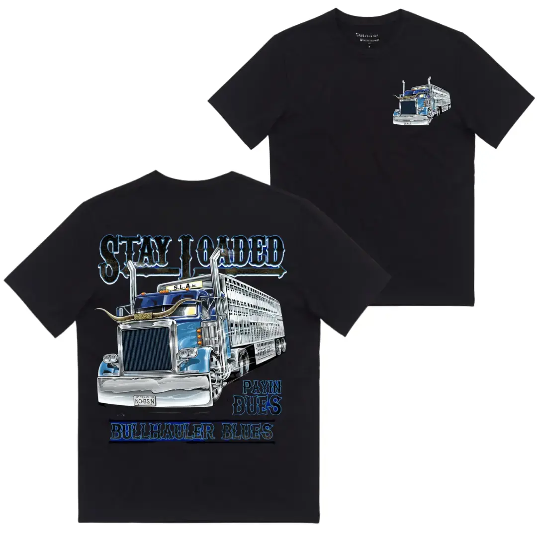 Stay Loaded Bullhauler Blues Trucker T Shirt for Men, Cattle Hauler Semi Truck Graphic Tee, Long Haul Livestock Driver Gift Shirt