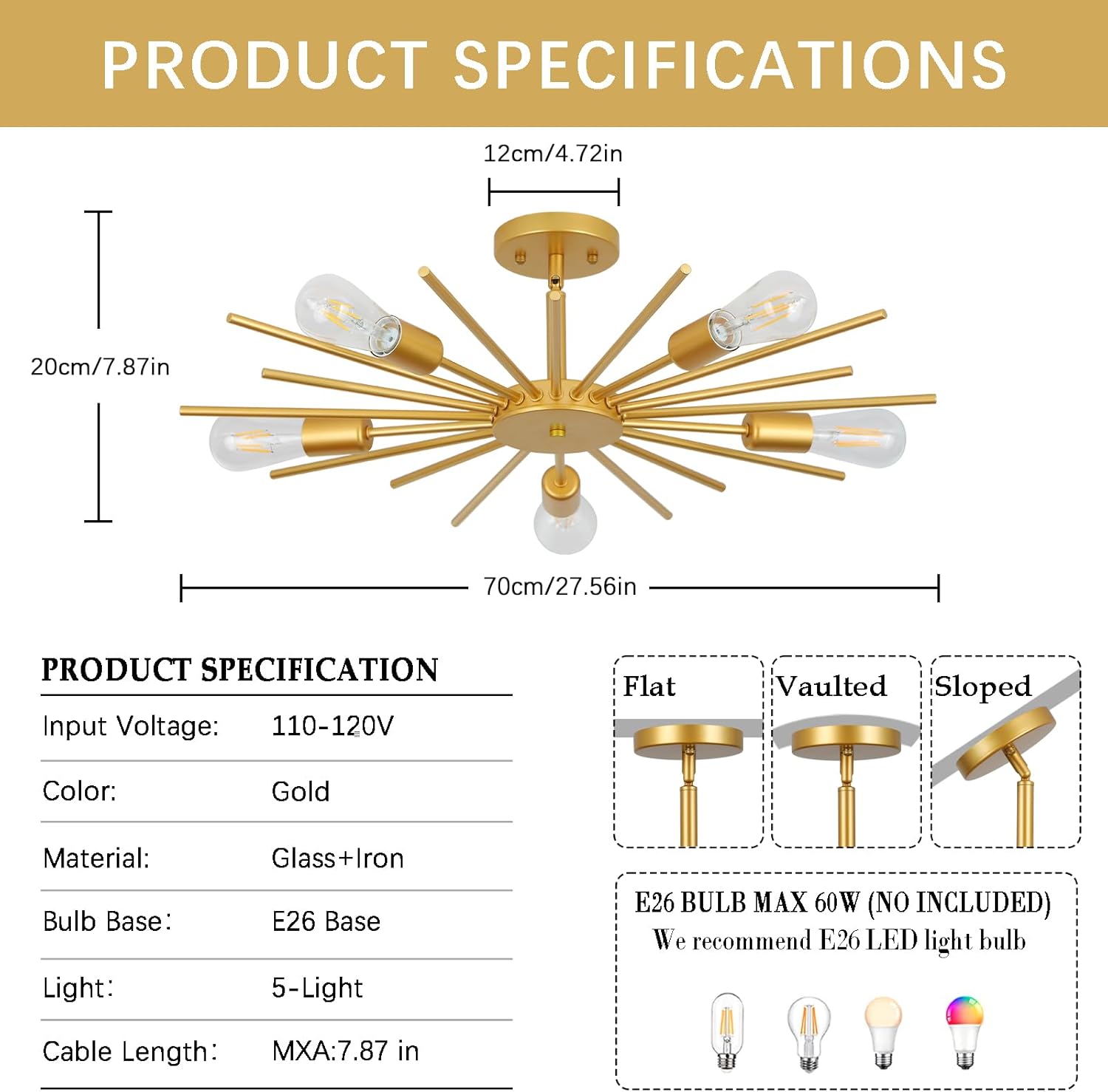 Gold Semi Flush Mount Ceiling Light, 27.5" 5-Light Large Sputnik Modern Mid Century Ceiling Light for Kitchen Entryway Bedroom Living Room