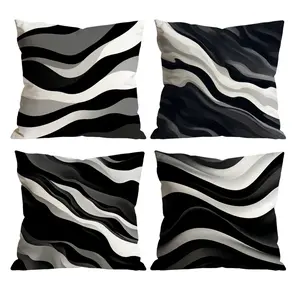 Black & White Wave Throw Pillow Covers Set of 4 | Abstract Swirl Art Decor for Room Bedroom Chair Car Sofa Couch 0305YC