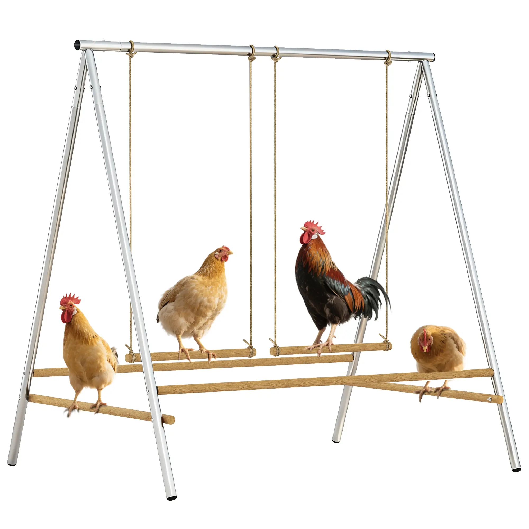 Silver Chicken Perch with 2 Roosting Swings, Farm & Backyard Coop Accessory for Poultry Roosting, Play & Comfortable Rest