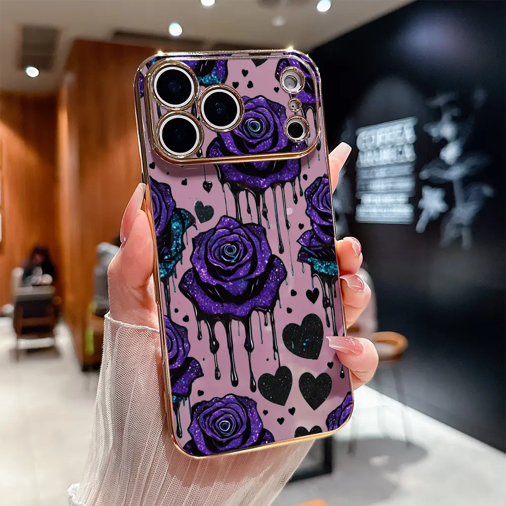 Customized TPU Protective Cellphone Case for iPhone 17 Pro Max/16/15/14/13/12/11 Plus - Purple Rose Themed, Gold Electroplated Edge, Full Lens Guard, Drop Armor Shockproof, Anti-Fingerprint, Luxury Handheld Accessory with Screen Protector