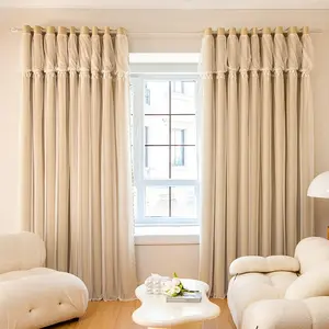 Double Layer Fringe Curtain Head + Single Sided Light Curtains, Cream Wind Style Bedroom Living Room Shade Drapes, Window Curtain