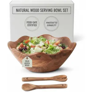 Large Wooden Salad Bowl Set with 2 Serving Utensils | 12" Acacia  Bowls for  |   Day  ( Set of 3)