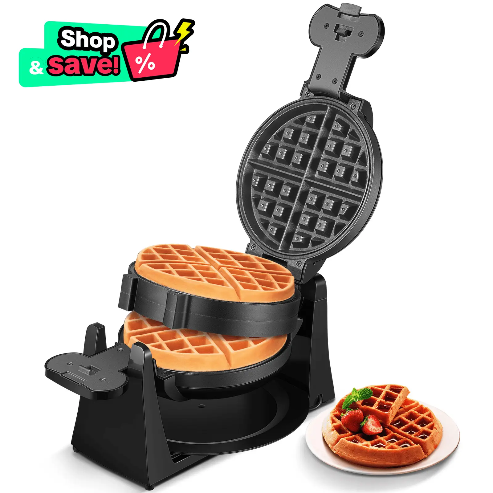 Double Belgian Waffle Maker 180 Flip, 8 Slices, Rotating & Nonstick Plates, Baking Pan for DIY Cake,Perfect for Breakfast and Snacks,1400W High Power