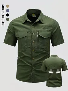 2026 Summer New Plain Outdoor Casual Quick-Dry Short Sleeve Shirt, Slim-Fitting Multi-Pocket Men's Top, Lightweight Fisherman Collar Shirt