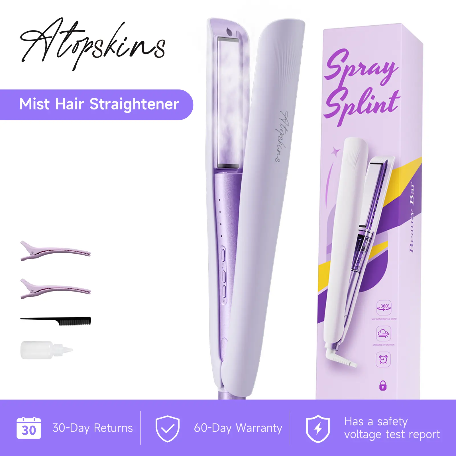 ATOPSKINS Steam straightener (with comb teeth), Features cool-mist hair protection, 30-day free trial and 90-day free warranty, Haircare, Hair Styling