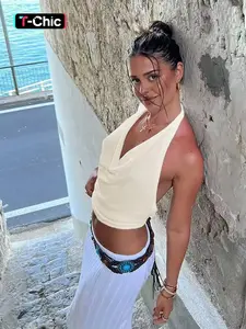 Summer V-Neck Ruched Bodycon Halter Top, Sexy Short Sleeveless Crop Top, Unique Knit Design, Elegant Casual Wear, Fit, Womenswear