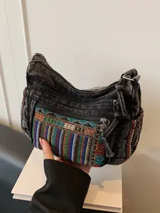 Street style fashionable retro personalized patchwork ethnic style shoulder bag, multi zipper pocket design, casual versatile practical crossbody bag, adjustable shoulder strap, suitable for daily shopping and commuting, Casual Trendy Bag