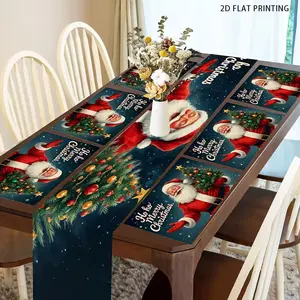 2D flat printing, 1-7 pieces set, Santa Claus holiday pattern table flag & placemat set, Kitchen decorative placemat, holiday party, kitchen and restaurant decoration, daily decoration