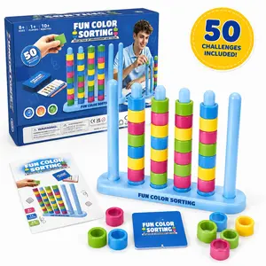 Color Stacking Challenge — STEM Puzzle Game for Kids Ages 6+, Fast-Paced 2-Player Brain Teaser with 50 Double-Sided Cards & 40 Color Rings, Educational Family Board Game for Cognitive Development & Attention Traininging，Ideal Gift for Birthday