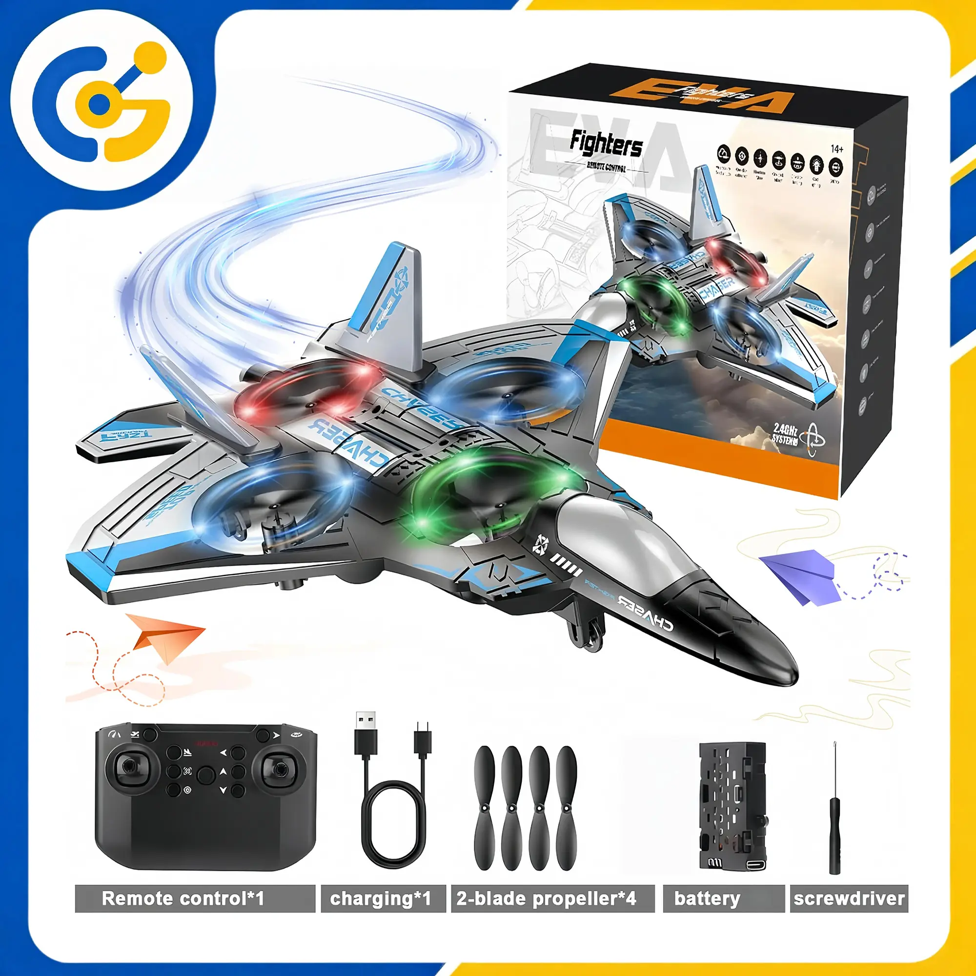 EVA Remote Control Hobby RC Plane Drone - Fighter RC Aircraft with LED Lights, Altitude Hold Control System, 360° Flip, 1 Rechargeable Battery for Kids' Development Easter Toy