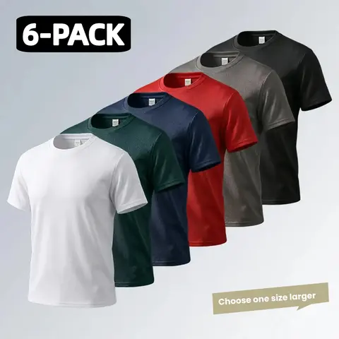 Men's 6-Pack Dry-Fit Polyester Fitted Lightweight Stretchy Short-Sleeve Athleisure Tee Workout Tops, Quick-Dry Breathable Grid Texture Round Neck, Set-In Sleeves, Anti-Shrink Polyester Clothes, Everyday Active Gym Apparel (1 Size Up Recommendation),outdoo