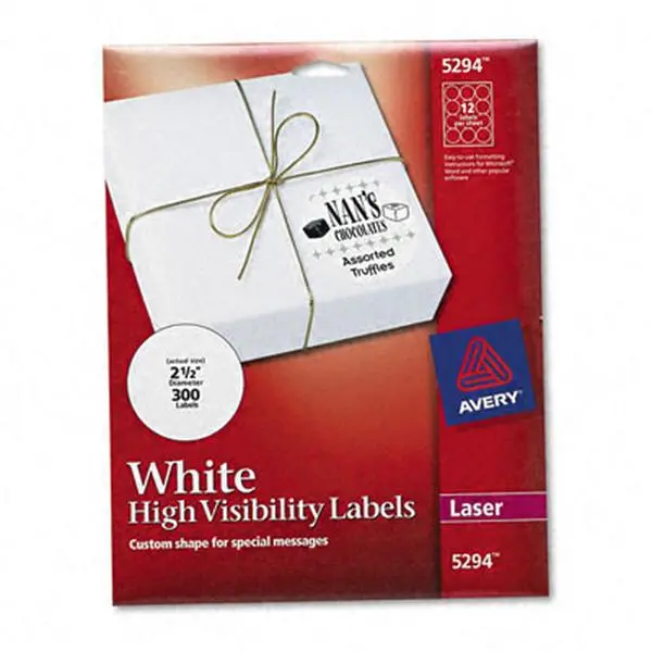 Avery 5294 Round Specialty Laser Printer Paper Labels, 2-1/2" Diameter, High Visibility, Multi-Use, White, 300-Pack