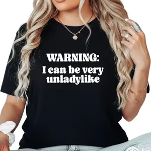 Plus Size, Women's Plus-Size Oversized T-Shirt with "Warning: I May Not Be Very Ladylike" Slogan Print - Black Round Neck Loose Fit Short Sleeve Suitable for All Seasons, Machine Washable Casual Casual Attire & Layering Top