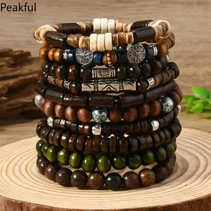 10pcs Bohemia Ethnic Beaded Bracelets For Men Vintage Multi Layer Wooden Beads Life Tree Beaded Bracelets Accessory Gifts Party