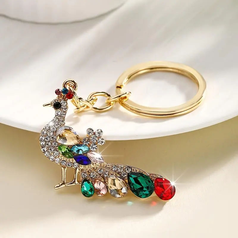 Women's Korean-Style Peacock Animal Motif Glass Keychain - Gold Sparkly Metal Replica, Multi-Color Rhinestone-Encrusted, High-End Fashion Bag Charm Keychain for Women, Cute Unconventional Accessory, Keychains For Women, Cute Keychains