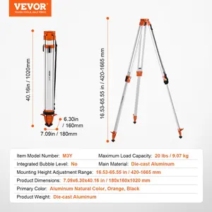 VEVOR Laser Level Tripod Stand, 5/8-11 Thread Mount, 16.53-65.55 inch Height Adjustment Heavy Duty Survey Tripod for Construction Laser Level Scanner, Retractable Legs Non-Skid Feet Professional