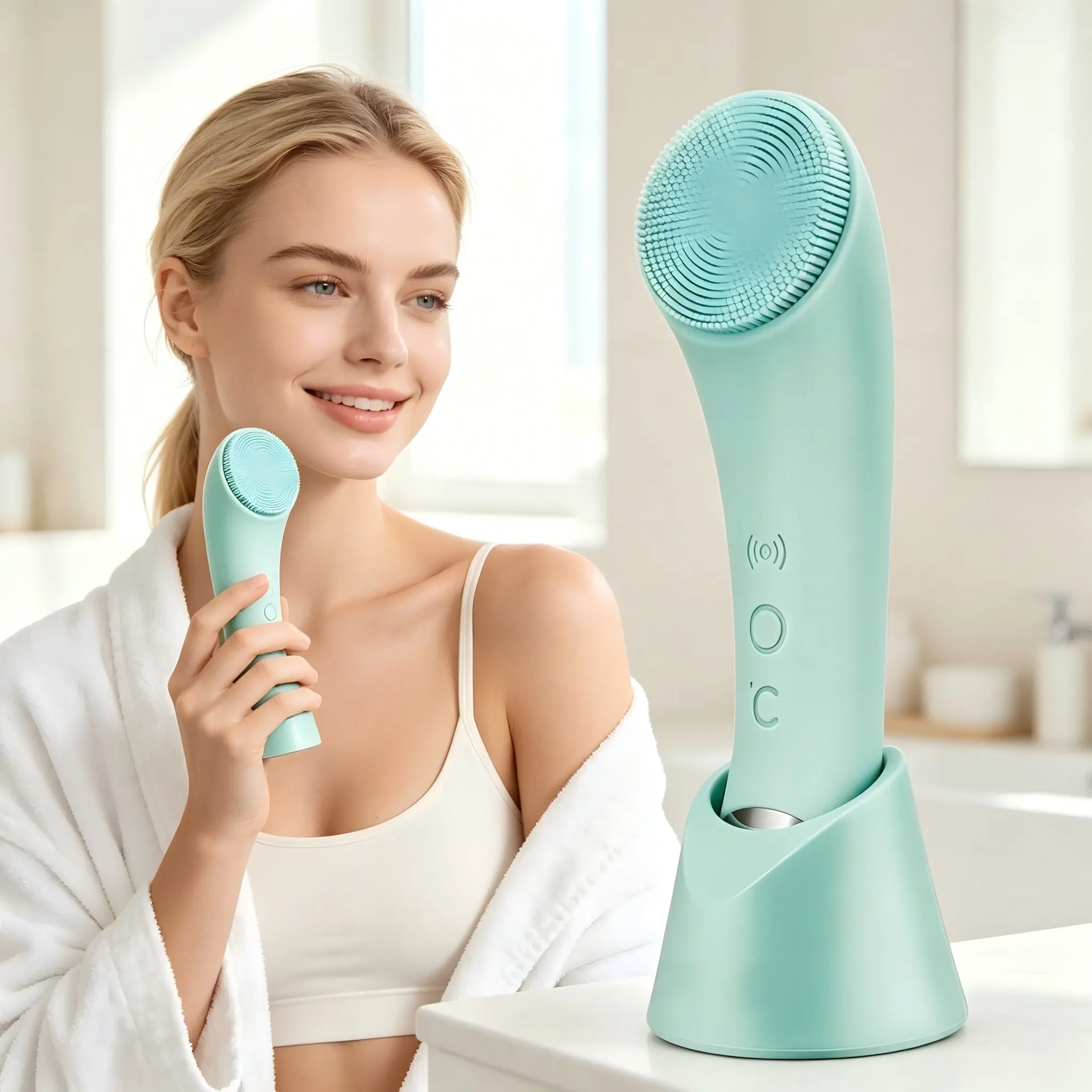 Silicone Face Scrubber, Rechargeable Facial Cleansing Brush with Heat Massage End, Vibrating Exfoliator Scrubber for Deep Cleaning, Waterproof Face Brush for Women and Men