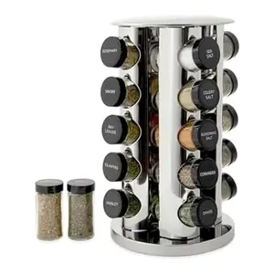 20 Jar Revolving Countertop Spice Rack with Spices Included, FREE Spice Refills for 5 Years, Polished Stainless Steel with Black Caps, 30020