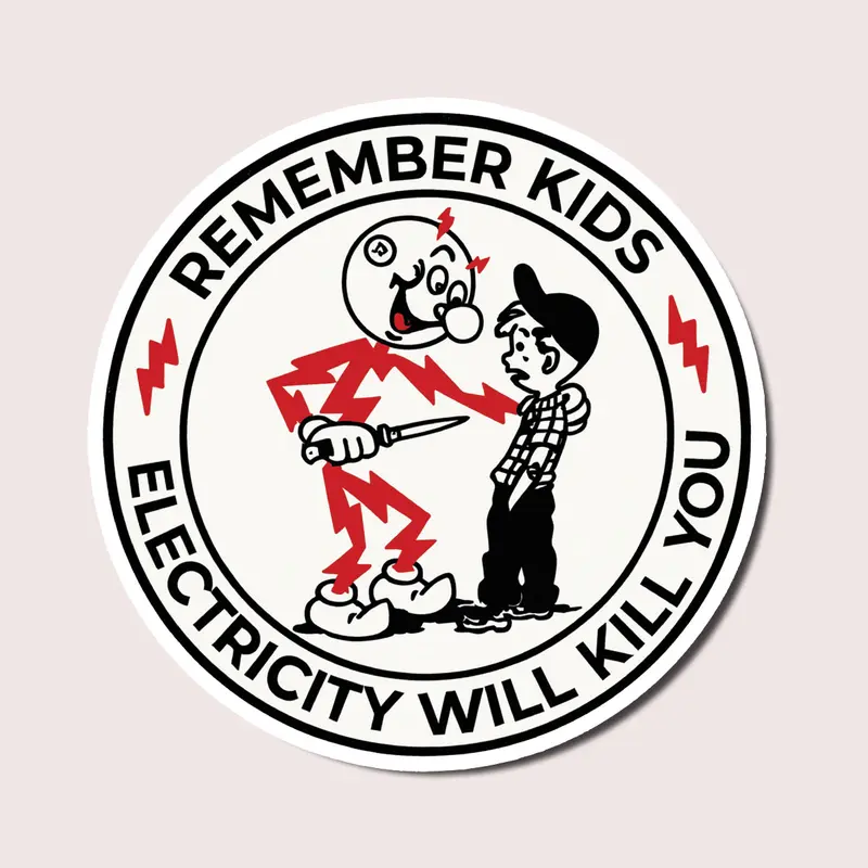 Funny Electricity Warning Sticker, Retro Safety Parody Vinyl Decal for Laptops, Toolboxes, Electrician Gifts, Dark Humor Decor