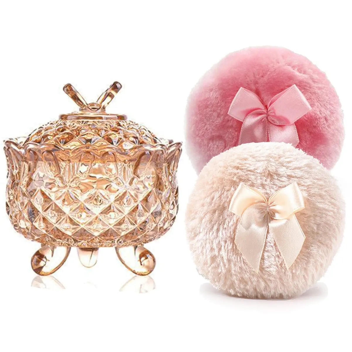 3pcs Body Powder Can & Puff Set - Soft Fluffy Plush Puff Pair, Glass Jar Storage Organizer (1x4-in Glass Container) for Skincare Enthusiasts, Dressing Tables/Bathrooms