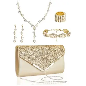 5 Pcs Purse Rhinestone Jewelry Set Prom Jewelry Rhinestone Clutch Purse Necklace Earrings Bracelets for Women Bride