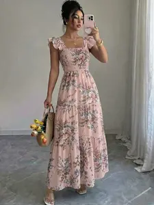 Summer Square Neck Backless Casual Ruffle Dress, Sleeveless Floral Print Midi Strap Dress, Loose-Fitting Long Dress for Women, Sundress