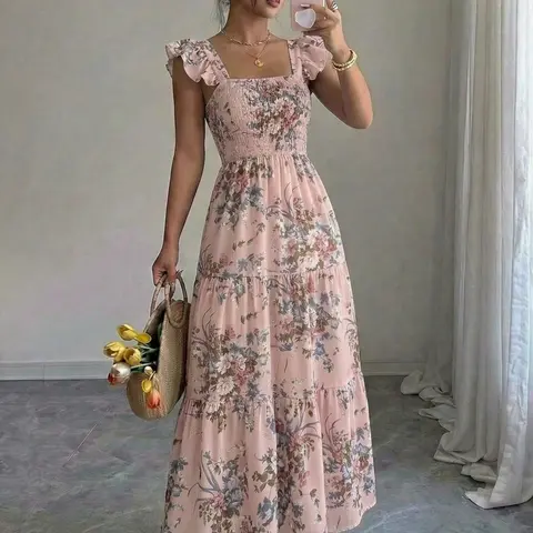 Summer Square Neck Backless Casual Ruffle Dress, Sleeveless Floral Print Midi Strap Dress, Loose-Fitting Long Dress for Women, Sundress, Casual Wear