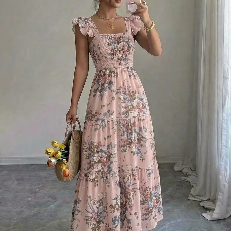 Summer Square Neck Backless Casual Ruffle Dress, Sleeveless Floral Print Midi Strap Dress, Loose-Fitting Long Dress for Women, Sundress, Casual Wear