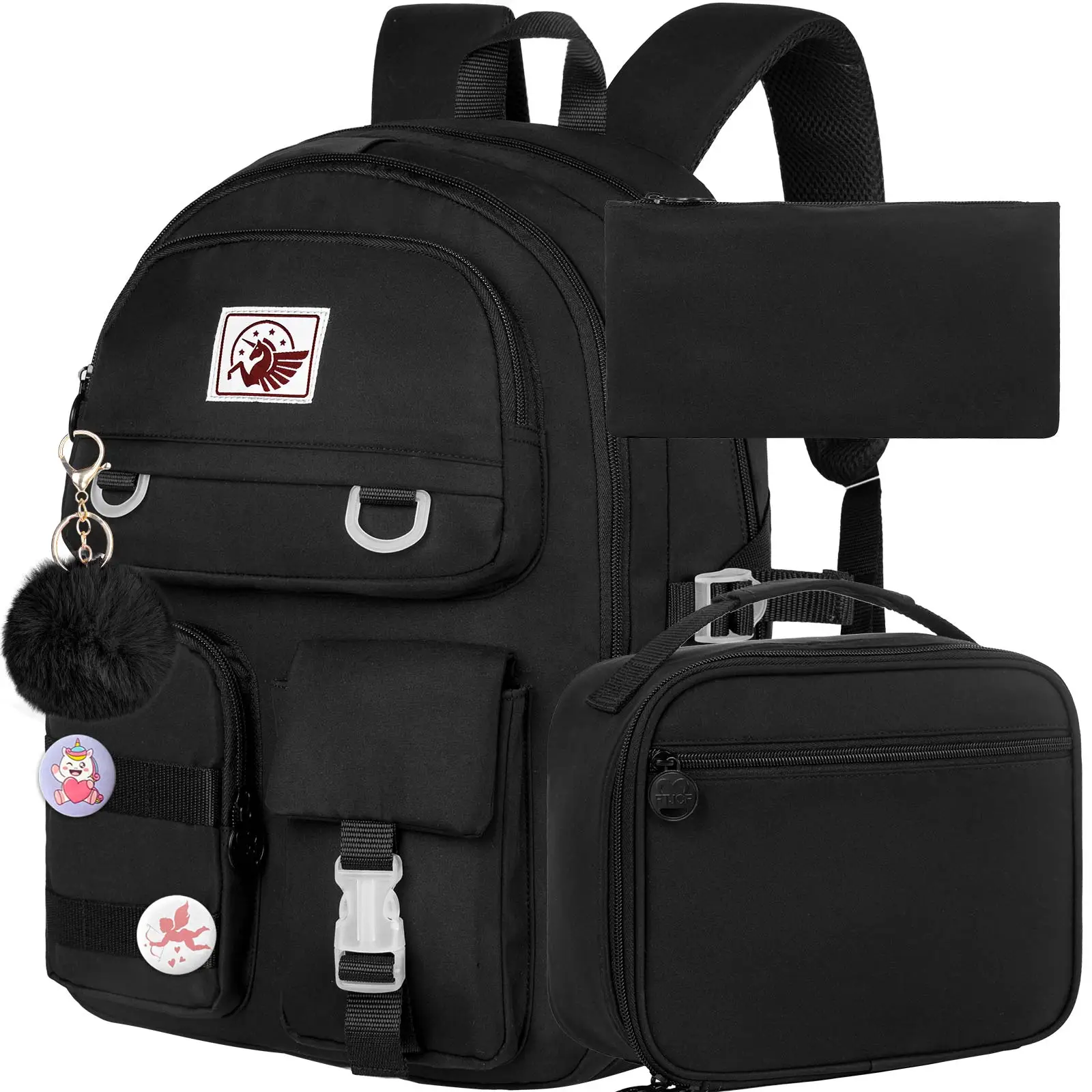 3PCS Backpacks for Girls, 16 inch Elementary School Laptop Bag College Bookbag, Anti Theft Daypack Set for Teens Students Women - Black