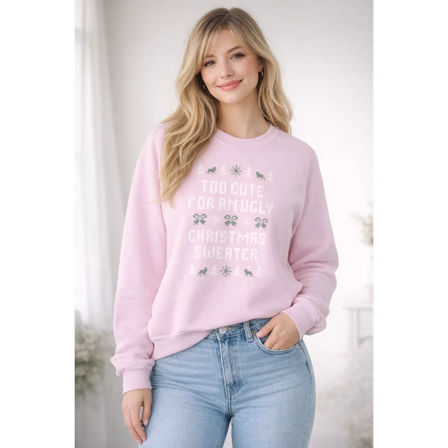 Women's Too Cute For An Ugly Christmas Sweater - Pink