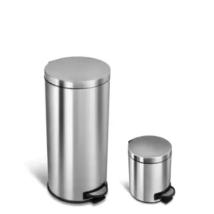 NINESTARS Step on Trash Can Combo Set, 8 Gal 30L & 1.2 Gal 5L, Hands Free Step Pedal Garbage Bin with Lid, Slim Trash Can with Odor Reduce for Kitchen, Bathroom, Bedroom and Office, Stainless Steel Wastebasket with Removable Inner Bucket, Round Shape