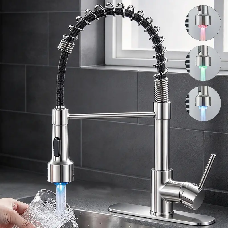 LED Single Handle High-Arc Kitchen Sink Faucet with Pull Down Retractable Sprayer, Brushed Nickel Finish, Modern Spring Sink Faucet with LED Light for RV Bar Farmhous Laundry Outdoor, 2-Modes Sprayer, 360° Swivel Spout, DIY install