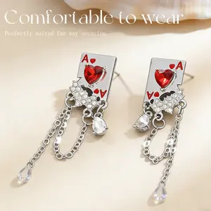 Poker Hearts A Chain Earrings, Long Tassels Earrings Unique Funny Alloy Sparkly Rhinestone Stud Earrings for Women Jewelry Gift Sparkling Set Party beautiful ear jewellery fashionable vintage y2k fashion western Oversize Gold Elegant birthday gifts gf
